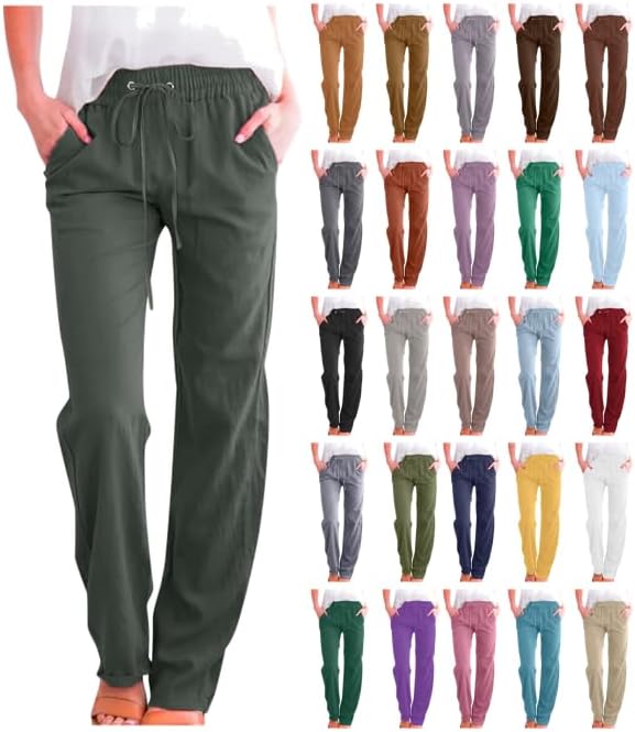 GenericWomens Casual Cotton Linen Pants Lightweight Summer Relax Fit Elastic Waist Plus Size Solid Lounge Long Trousers