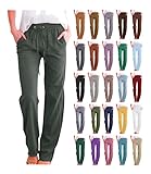 Linen Pants for Women, Clearance, Womens Casual Cotton Linen Pants Lightweight Summer Relax Fit Elastic Waist Straight Leg Plus Size Solid Lounge Long Trousers A01 Army Green,XL