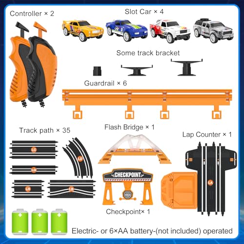 Image of Slot Car Race Track Sets for Boys,Race Car Track with 4 High-Speed Slot Cars,Battery or Electric Car Track,Dual Racing Game Lap Counter Track Sets,Toys Gifts for Boys Girls Ages 4 5 6 7 8-12