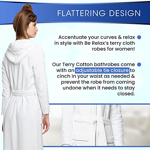 Be Relax Women’s Long Robe, Hooded Bathrobe, Shawl Collar Bathrobe, Full Length Belted Cotton Terry Bathrobes For Women (M, White-Hood-Piping-Grey) #TOP3