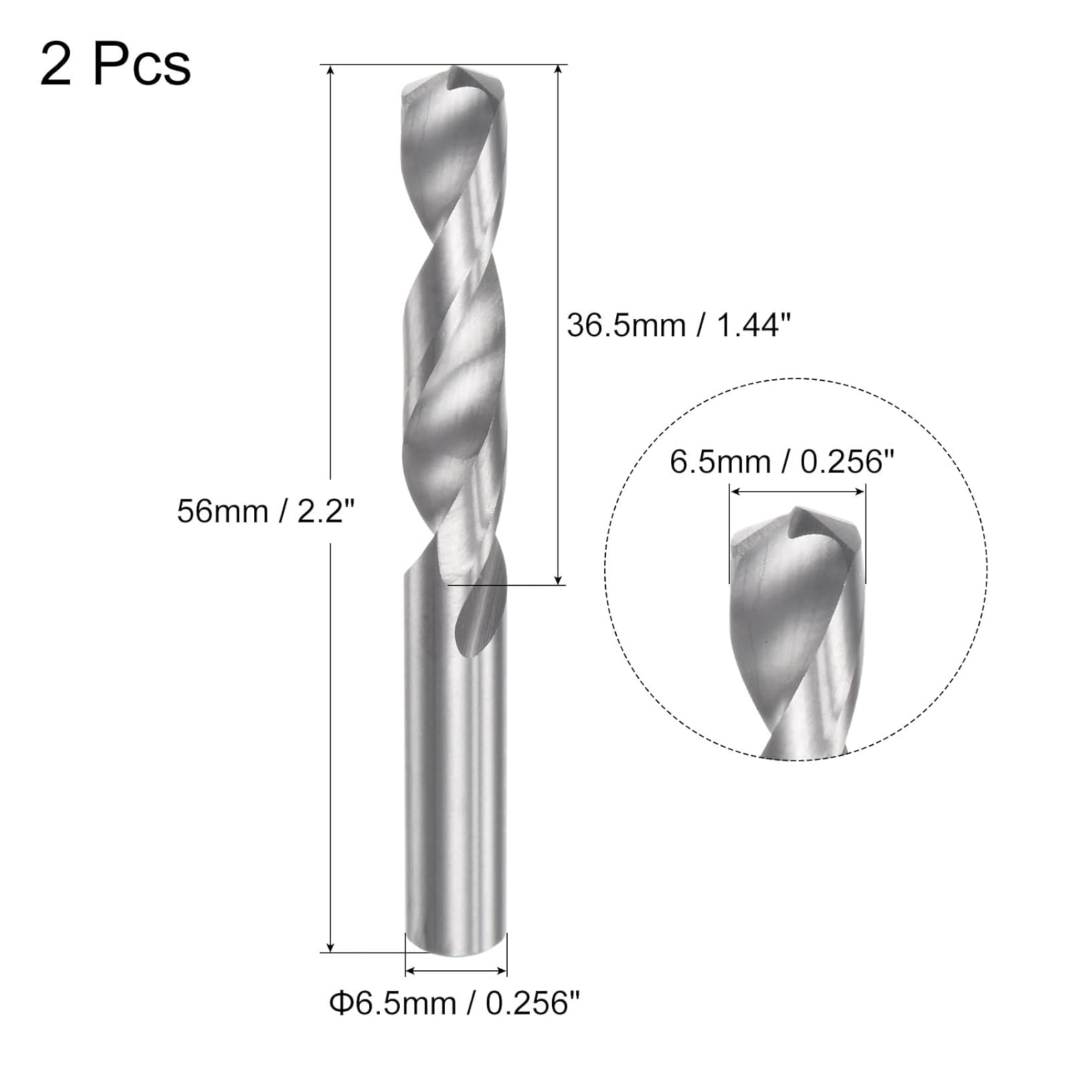 uxcell Solid Carbide Drill Bits, 6.5mm C2/K20 Tungsten Carbide Jobber Drill Bits Straight Shank Drilling Tool for Stainless Steel Aluminum Iron Metal Plastic 2pcs