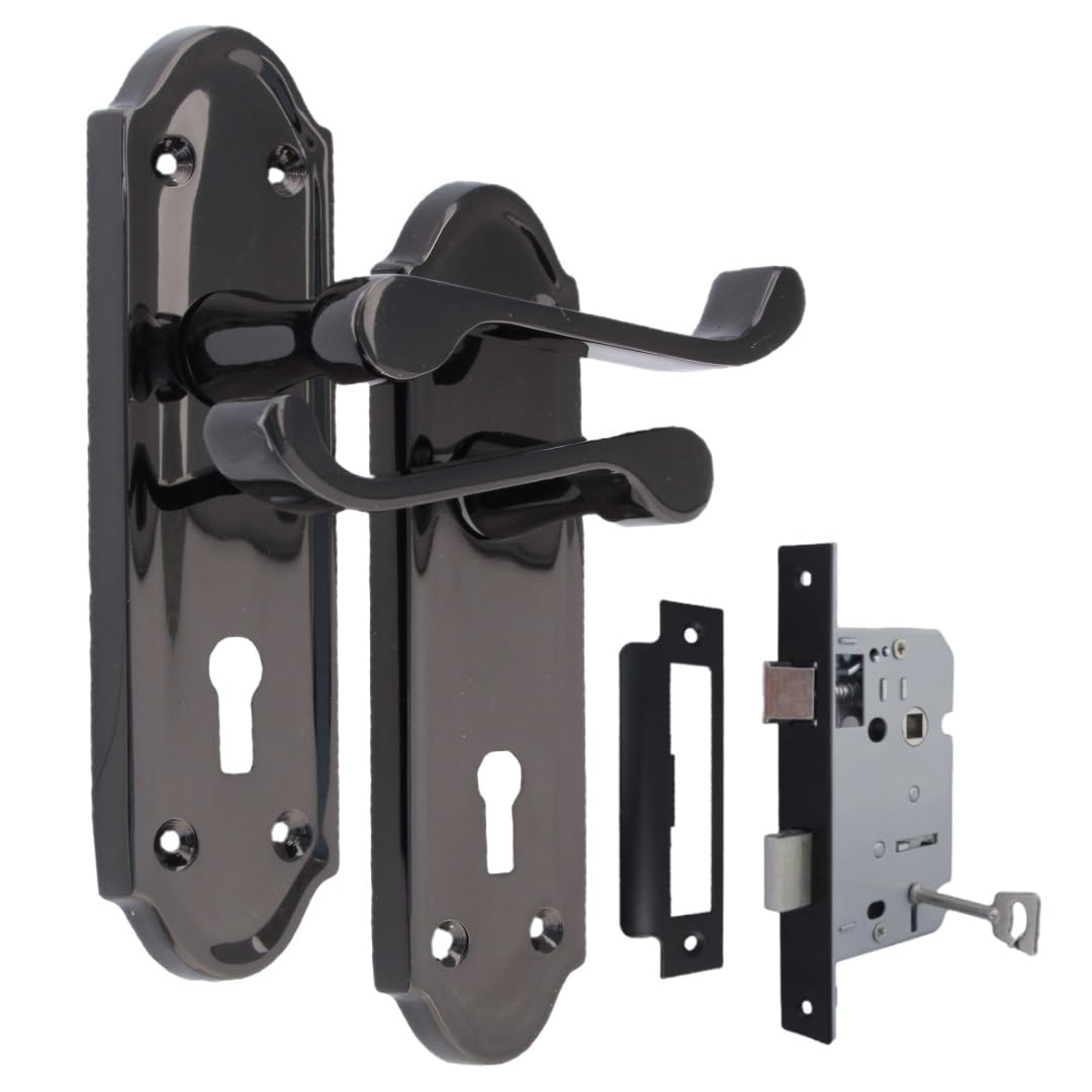 Epsom Door Handle Victorian Style Black Nickel Internal Lock Door Handle Set – Lever on Backplate – Includes 3 Lever Mortice Sash Lock – 1 Pair