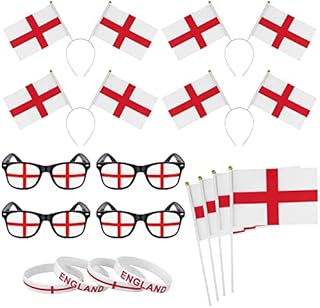 Hiwooii 16 Pack England Football Fans Fancy Dress Set Include England Headband Sunglasses Silicone Bracelets and Hand Wave Flags for World Cup European Championship Party Favor