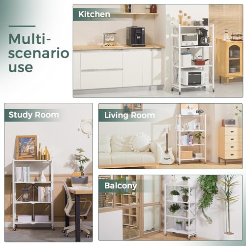 Image of DEANIC 4 Tier Foldable Storage Shelves with Wheels, Large Capacity Shelving Unit, Freestanding Metal Wire Shelf Rack, No Assembly Organizer Rack for Garage Kitchen, Basement, Pantry(White)