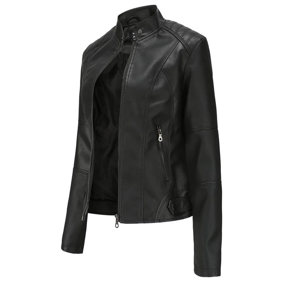 Hiseng Veste Simili Cuir Femme,Noir PU Femme Manteau de Moto Court et Décontracté, Manche Longue Veste Chic et Elegant,Printemps Automne Hiver Zipper Simili Cuir Blouson-S