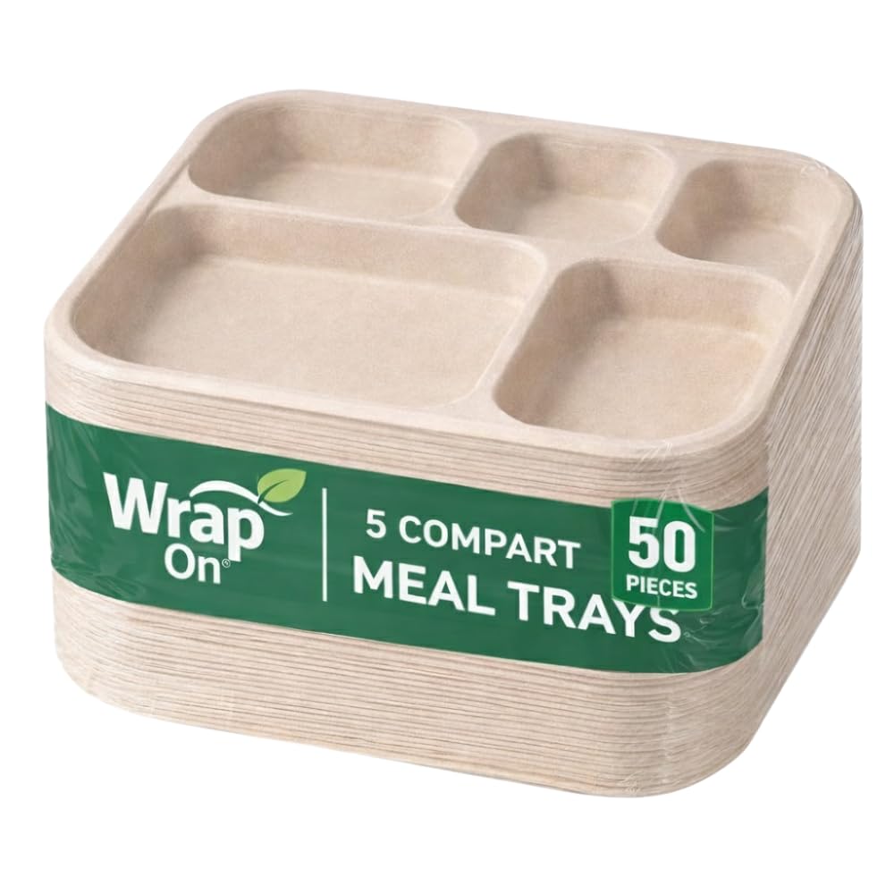 WRAP ON 5 Compartment Bagasse Meal Tray Plates 50 Pack | Disposable Plates Big Size Natural | Sturdy, Compostable & Heat-Safe | Eco-Friendly Tableware for Parties, Events & Buffets (50, 5 CP)-picture-19
