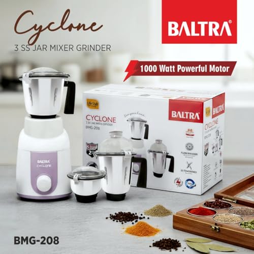 Image of Baltra Mixer Grinder 1000W | Powerful Motor with Overload Protector | 3 Stainless Steel Jars | Heavy-Duty Grinding for Indian Kitchen | Ideal for Dry & Wet Grinding | Made for Cooking | 2Year Warranty