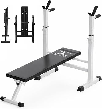 MAXSTRENGTH Weight Bench with Adjustable Barbell Rack Height Multifunctional Foldable Home Gym Exercise Dip Station Workout Incline Decline Flat Bench Press Fitness Training