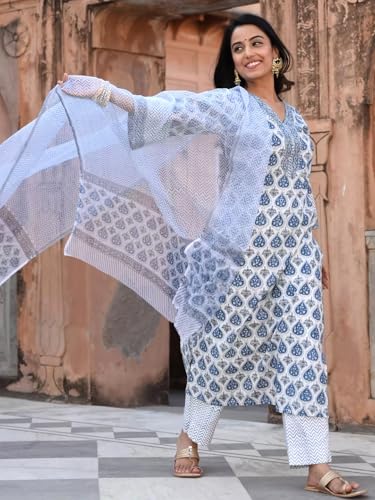 Image of Pinkmint Women Hand Block Printed Kurta and Palazzo Set with Dupatta