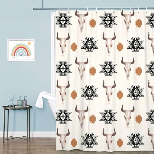 Jawo 01 Western Boho Shower Curtain Native Aztec Tribal Bull Skull Southwestern Cow Bohemian Geometric Pattern Beige Bathroom Decor Aztec Shower Curtain thumb #2