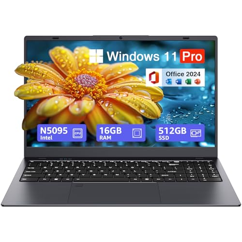 15.6-inch Windows 11 Laptop, 16GB RAM, 512GB SSD, FHD IPS Display Laptop Computer, Intel N5095 Quad Core, 2.4/5G WiFi, BT4.2 Backlit and Fingerprint, Lightweight and Portable