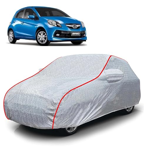 Image of Sulfar 100% Waterproof Car Body Cover Compatible with Mirror for Honda Brio (Triple Stitched, Full Bottom Elastic, Magic Silver with Red Piping)