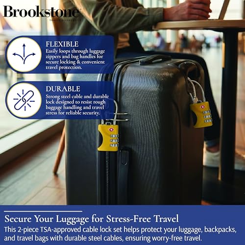 Image of Brookstone Cable Lock - 2 Pack 3-Digit Keyless TSA Approved Locks for Luggage - Resettable Combination Luggage Lock, Size One Size, Lemon Yellow