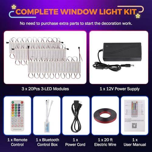 Image of BEAMNOVA 30Ft Stip Lights Kit, 60pcs RGB LED Modules, Remote, Bluetooth App Control, DC 12V Voltage Transformer, Adhesive Waterproof Commercial Storefront Lights, Large Lens