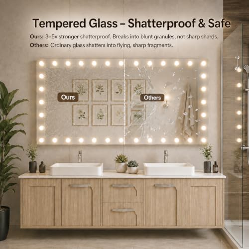 Image of WTTY 96 inchx36 inch Hollywood Vanity Mirror with Lights, Wall-Mounted Makeup Mirror with 3 Color Temperatures, Stepless Dimmable Bulbs, Anti-Fog & Shatter-Proof