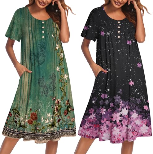 Ekouaer 2 Pack House Dresses for Women with Pockets Short Sleeve Moomoo Nightgown Plus Size Mumu Dress Floral Lounge Dress Floral Green/Cherry Blossoms Black XXL