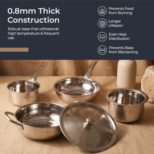 Image of Lifelong Stainless Steel Cookware Set of 5 | Kadhai (2.2L), Fry Pan (1.4L), Saucepan (1.2L), Tope (1.4L) with SS Lid, Induction Bottom, Riveted Handle, Durable Build, Even Heating, Dishwasher Safe