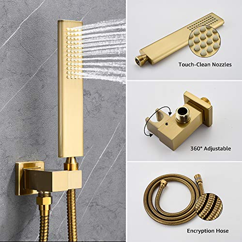 Iriber Champagne Bronze Ceiling Mount Rain Shower System With 12 Inch Shower Head And Handheld Bathroom Brushed Golden Shower Set Contain Shower Faucet Mixer Brush Gold Trim Kit (Valve Included) #TOP4