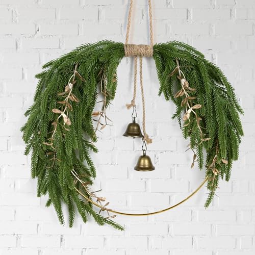 Artificial Norfolk Pine Christmas Wreath with Bell, 17.3 * 12 Inch Farmhouse Christmas Wreath for Front Door, Rustic Xmas Decor for Window, Mantle, Table, Wall, Hanging Decorations (Classic) by ElasignShopo - Used condition - US$6.47