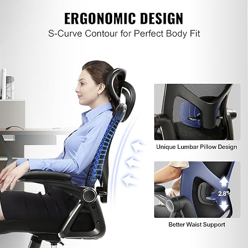 Image of VEVOR Ergonomic Office Chair, Adjustable Lumbar Support and Headrest, Home Desk Chair with Flip-up Armrest, 90-128 Tilt Rocking and Thickened Seat, Mesh Computer Chair for All Day Comfortable Sitting