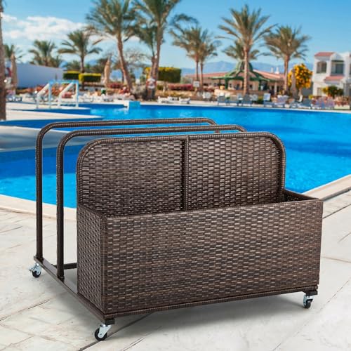 Poolside Float Storage Organizer, Outdoor Wicker Rattan Pool Float Holder Storage Rack for Basket Box Patio Pool Storage Caddy with Rolling Wheels for Pool Toy Noodles Equipment Accessroies (Brown)