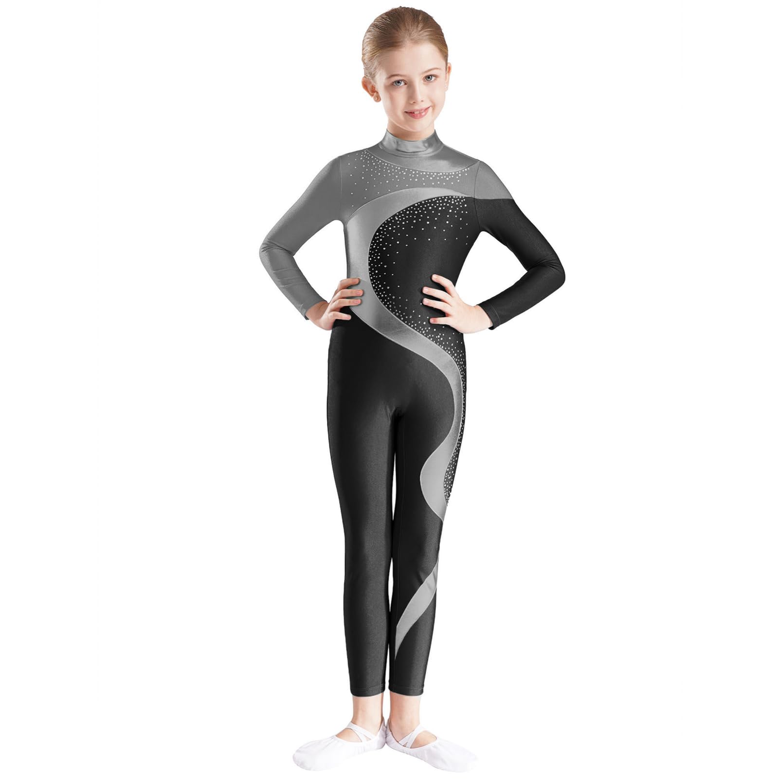CHICTRY Fille Garçon Combinaison Danse Ballet Justaucorps Gmnastique Académique à Manches Longues Strass Body-Pantalon Danse pour Enfants