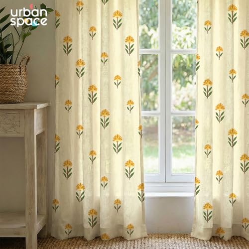 Image of Urban Space 100% Cotton Floral Curtains 7 feet Long Set of 2, 60-65% Room Darkening, Decorative Curtains with Eyelets /Rings for Hanging, Tieback Included (Aster Yellow, Door - 7 Feet)