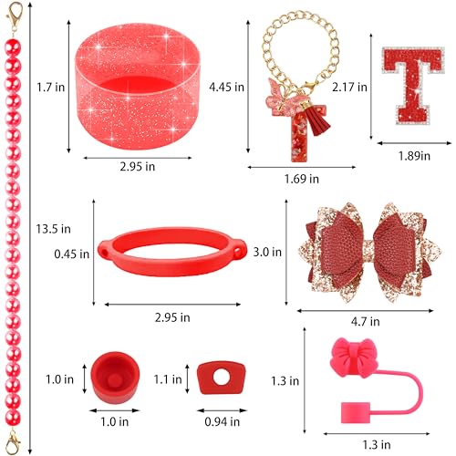 Hpebl 9PCS Red for Stanley Cup Accessories Set Bling Initials Bow Charms for Stanley Decorations 30/40 Oz Tumbler Accessories Including Bow Straw Topper, Handle Strap, Spill Stopper（Letter T） - image 3