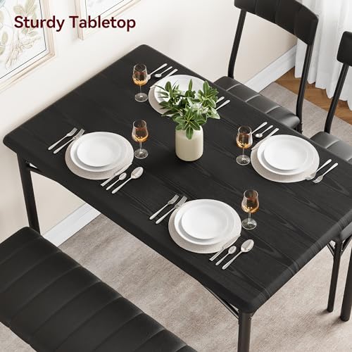 GarveeHome Dining Table Set for 4, Kitchen Table with Upholstered Chairs and Bench, Wood Rectangular Dining Table and Chairs Set for Small Space, Apartment, Dinner, Rustic Black