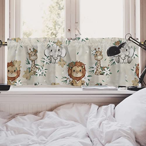 African Jungle Safari Animals Retro Flowers Kitchen Curtain Valances 54''X18'' Lion Giraffe Elephant Rod Pocket Window Treatment Decor Wild Animals Small Curtain Topper Cafe Nursery Bedroom 1 Pack #TOP2