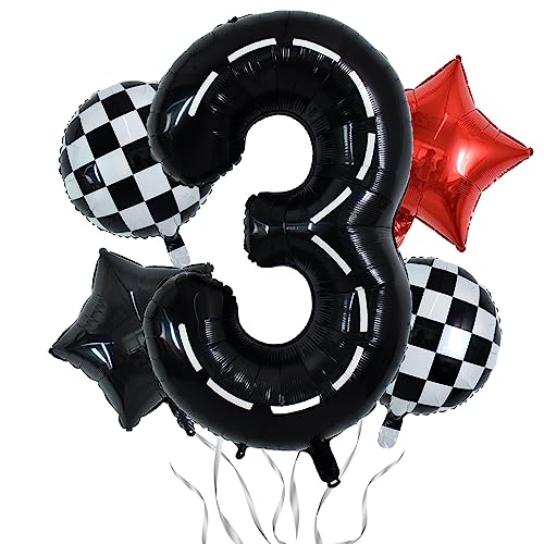 Image of TONIFUL 40 Inch Race Car 3rd Birthday Balloons - Racetrack Number 3, Wheel Tire, Black White Checkered, Star - Boys Car Themed Party Decor