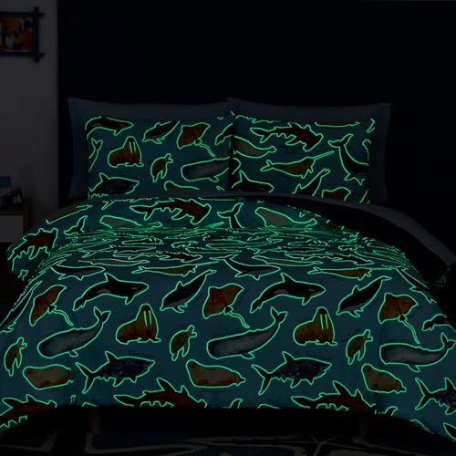 Full Size Comforter Set for Boys-7 Pieces Ocean Animals Glow in The Dark Full Bedding Sets for Kids, Ultra Soft Bed in A Bag with Sheets