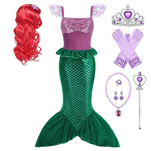 New front Disfraz Sirena Niña Vestido Princesa de Sirena Ariel para Niña Disfraz Halloween Niña con Peluca 7 Accesorios Disfraz Princesa Niña para Cosplay Navidad Carnaval Cumpleaños,Morado 7ps,120 Cover