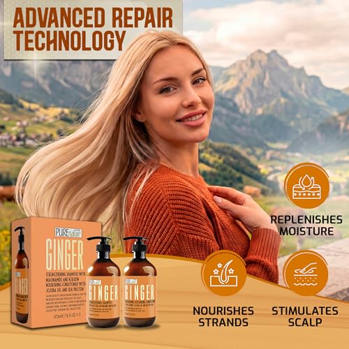 Image of Ginger Shampoo and Conditioner Set - Sulfate Free, Zero Paraben Blend - Scalp Stimulating Treatment - Anti Itch, Volumizing, Salon Strengthening - Repair Hair for Women and Men - 16 Fl Oz (Set of 2)