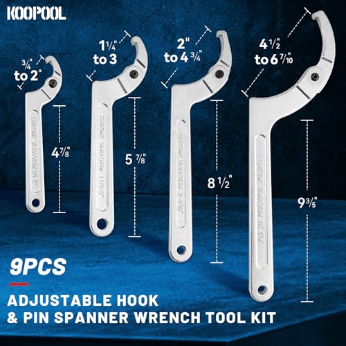 KOOPOOL Adjustable Pin Spanner Wrench Set, 9pcs C Spanner Nut Wrench Tools with Changeable Round Heads, Coilover Hook Wrenches for Suspension System, Bearings, 3/4" to 6-7/10" - Image 3