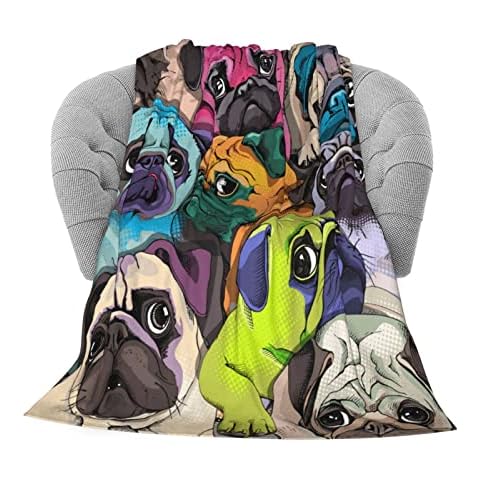 Joyidec Colorful Pug Dog Throw Blanket, Flannel Fleece Bed Blanket, Super Soft Cozy Fuzzy Plush Blankets for Couch Sofa Office Traveling Kids Bedroom Adults Living Room All Season, 50"x40" Cover