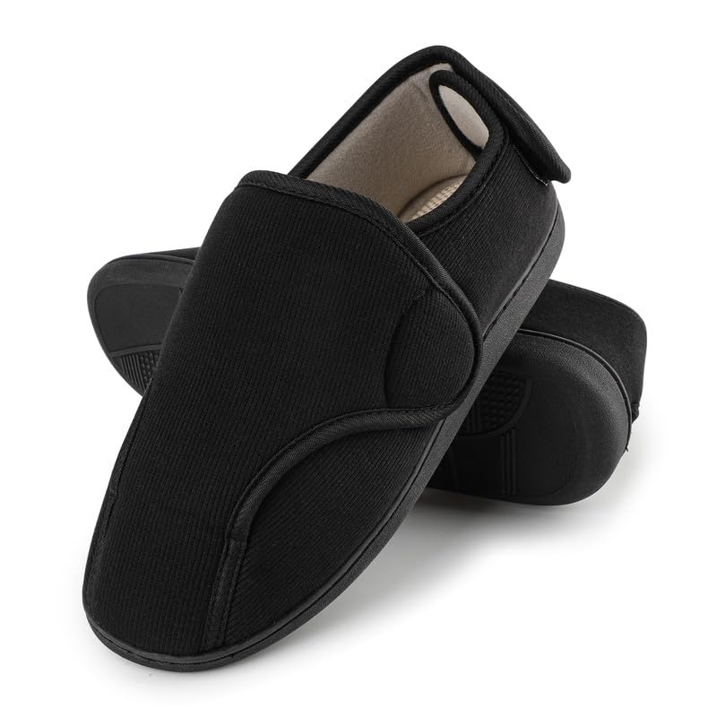 TIESTRA Chaussons Chauds D'hiver pour Hommes,Chaussons Diabétiques en Peau D'agneau Synthétique,Chaussons en Feutre à Larges Pieds,Semelle en Mousse à Mémoire de Forme,Hook and Loop Chaussons