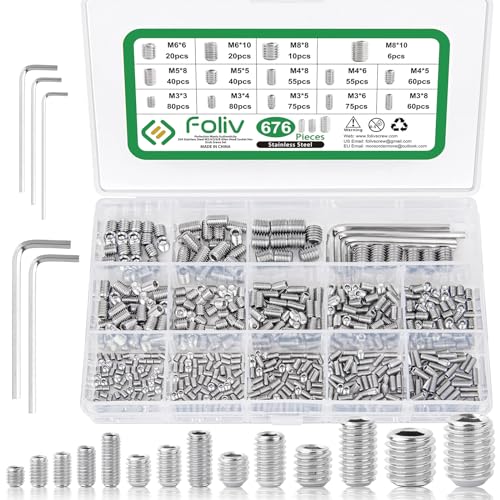 Foliv 676 Stück Madenschrauben Sortiment Set Edelstahl M3 M4 M5 M6 M8...