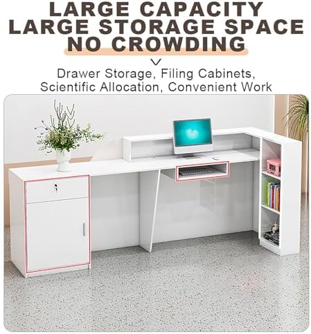 Reception Desk Front Counter Table,Company Counter Front Desk,with Lockable Drawer and Keyboard Tray and Light,for Office Reception Room Lobby Beauty Salon.(Black,55.1x23.6x39.3in)