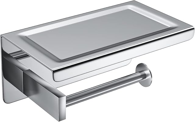 Toilet Roll Holder with Shelf, Two Installation of Wall Mounted with Adhesive or Screws, SUS 304 Stainless Steel Toilet Paper Roll Tissue Holder for Bathroom Washroom - Chrome