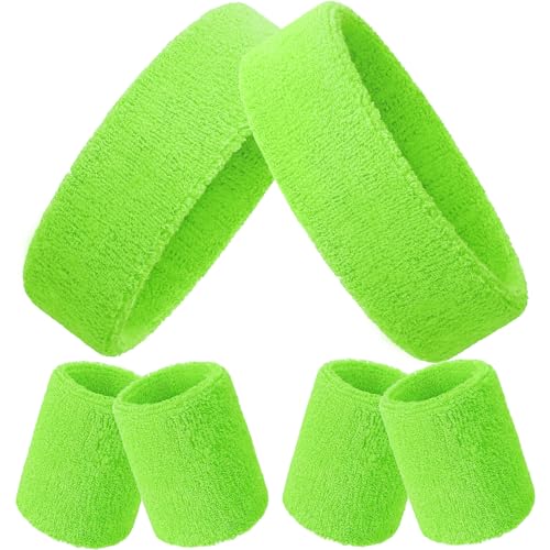 Image of Bememo 6 Pcs Neon Sports Sweatbands Set Sports Competitions Sweatbands 2 Headband 4 Wristbands Breathable Terry Cloth Athletic Bands for Team Soccer Spirit 80s Costumes Cosplay