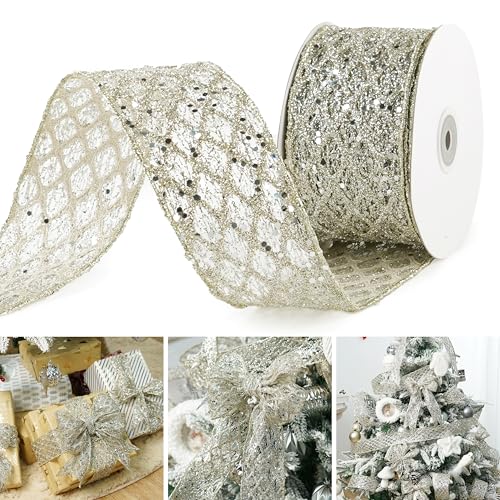 MAYREEL Light Champagne Mesh Wired Ribbon 2.5 Inch 10 Yards