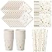 Vland Party Supplies by Gold Star pattern – Disposable Paper Dinnerware Set for 16 Guests – Fancy Design for Party, Dinner and Celebration – 16 Plates, 16 Cups, 20 Napkins, and 20 Straws