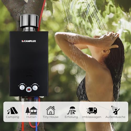 CAMPLUX 10 Liter Gasdurchlauferhitzer mit Wasserpumpe BW264BCP120-DE, Tankless Outdoor Gasdusche für Pferd Waschen/Camping/RV Reise, 50mbar, LPG