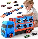 Camion da Trasporto Giocattolo con 8 Auto,Automobili Giocattolo per Bambini di 3,4,5,6,7,8+Anni,Garage,Portatile e Pieghevole con Circuito da Corsa da 61 Pollici,Regalo di Compleanno per Bambini