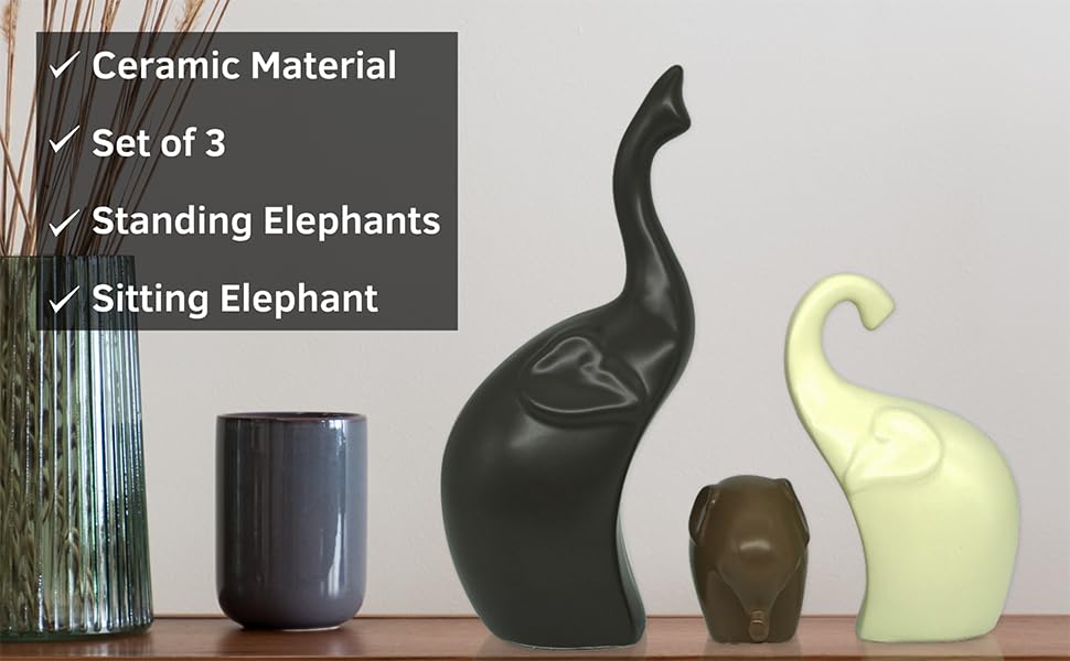 Image of NOSCOMP Home Decor Elephant Family Statue Ceramic Figures Showpieces for Home Decor - (Set of 3, Black, White, and Ginger)