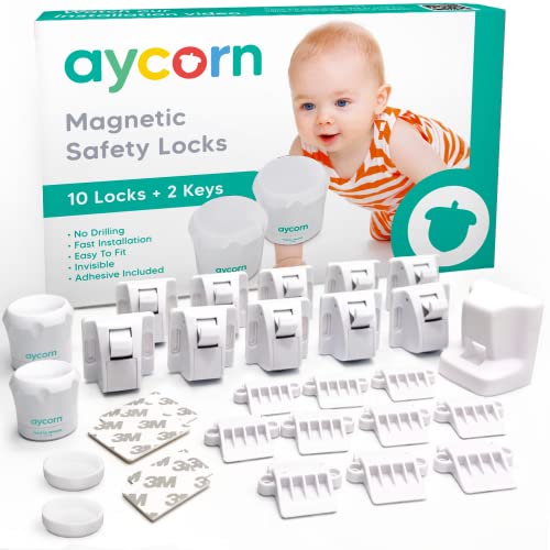 AYCORN Magnetische kind- en babysloten voor kasten, 10 sloten en 2 sleutels, in een paar seconden te plaatsen, gratis instructievideo, nieuwste ontwerp om kinderen en peuters te beschermen, geen boor of schroeven nodig