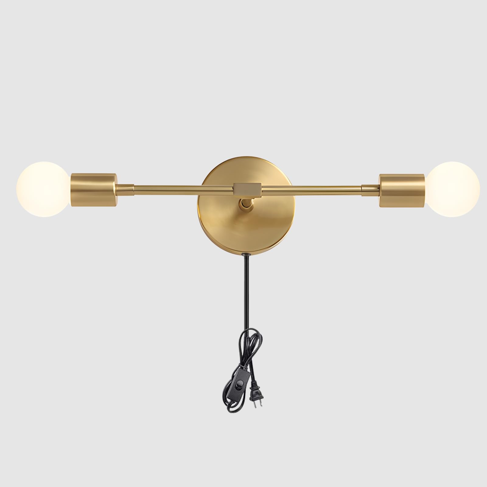 KCO Lighting Gold Plug in Wall Sconce 2 Light Bathroom Vanity Light Plug in Brass Wall Reading Light Mid Century Modern Bathroom Wall Scones for