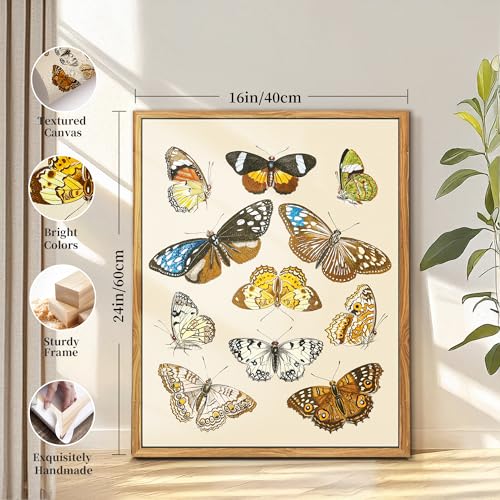 crmotu Butterfly Framed Wall Art, Nature Insect Vintage Canvas Prints Painting, Still Life Neutral Home Decorations, Rustic Aesthetic Pictures Wall Decor Living Room Bedroom Office Cottage, 16x24inch