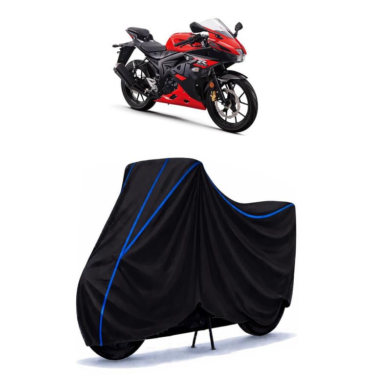 Image of Suzuki GSX R150 Bike Cover Water Resistant Universal Motorcycle Rain | Heavy Duty UV Protection, Dust, Scratch Indoor Outdoor All Weather with Black Blue Piping Elastic